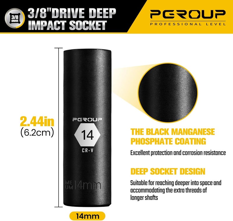 pgroup 3/8” Drive Deep Impact Socket, Metric(14mm socket), 6-Point, Cr-V Steel With Black Manganese Phosphate Coating - Image 2